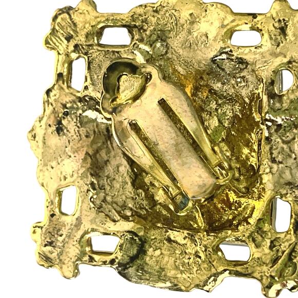 Vintage Cobalt Blue Glass Baroque Gold Tone Clip Earrings 60s 70s Statement - Picture 9 of 14